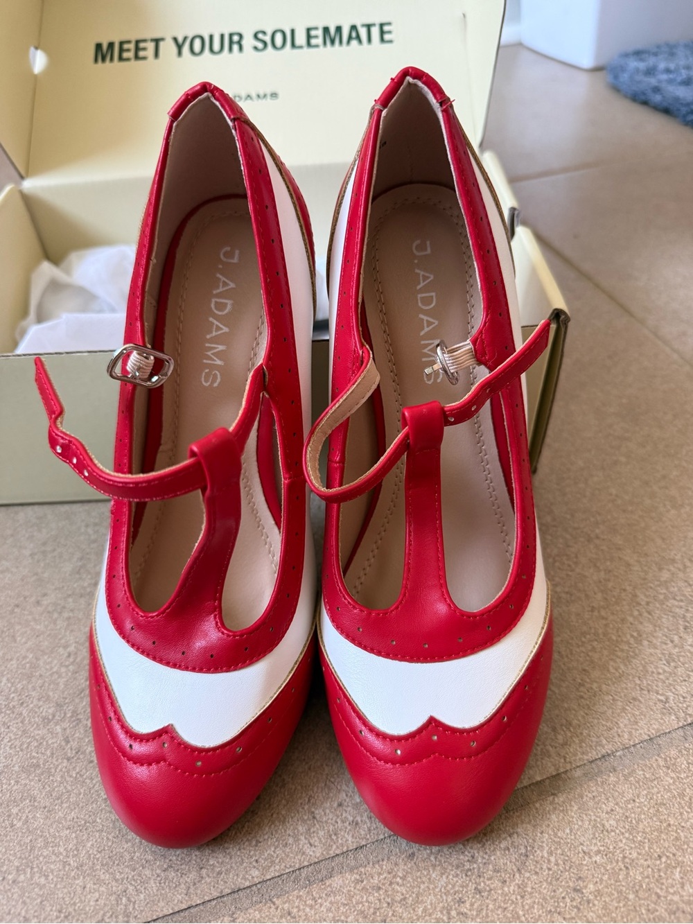 J. Adams Red and White T-Strap Mary Jane Heels